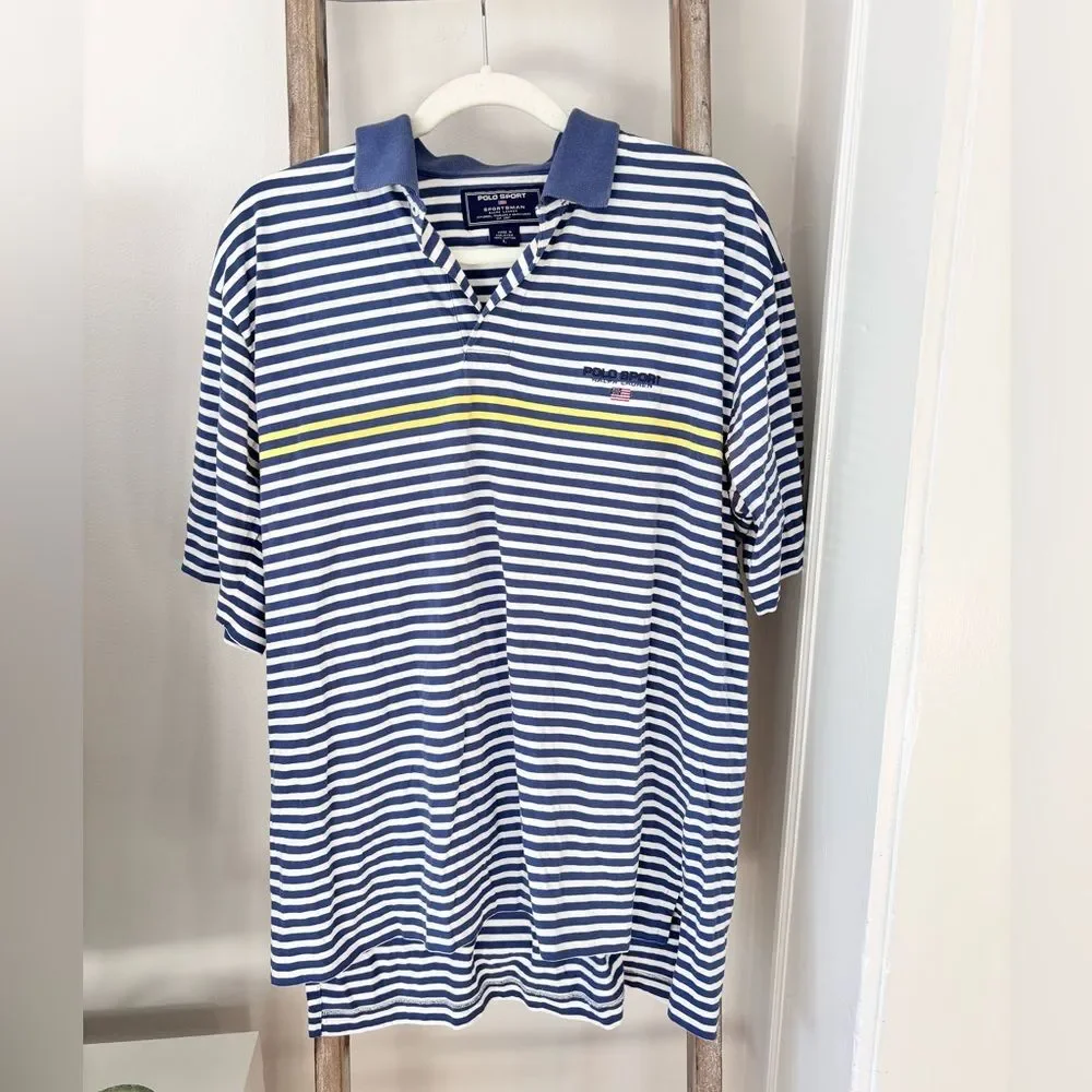 Vintage 90s / Y2K Ralph Lauren Blue and White Striped Polo Shirt